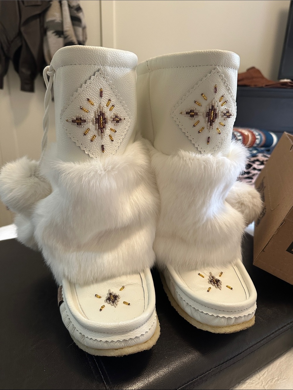 White Fur-Trim (rabbit) Beaded Moccasins Boots - Women
